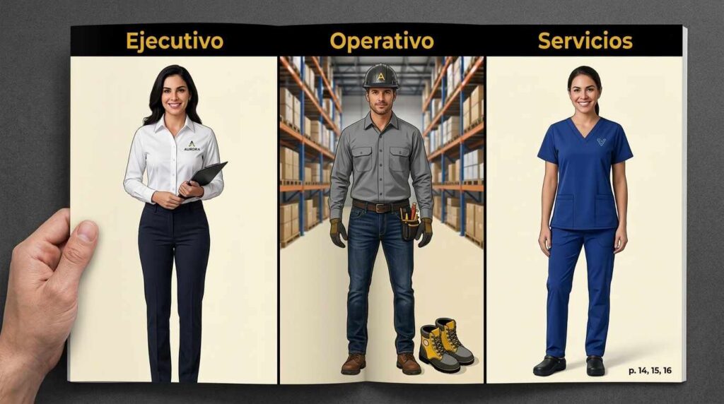 Catálogo de dotaciones por sector ejecutivo, operativo y servicios con uniformes empresariales de Uniformes Publicarlo