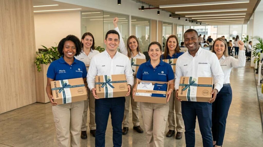 Equipo de trabajo en oficina corporativa sosteniendo cajas de dotación empresarial y uniformes en Medellín