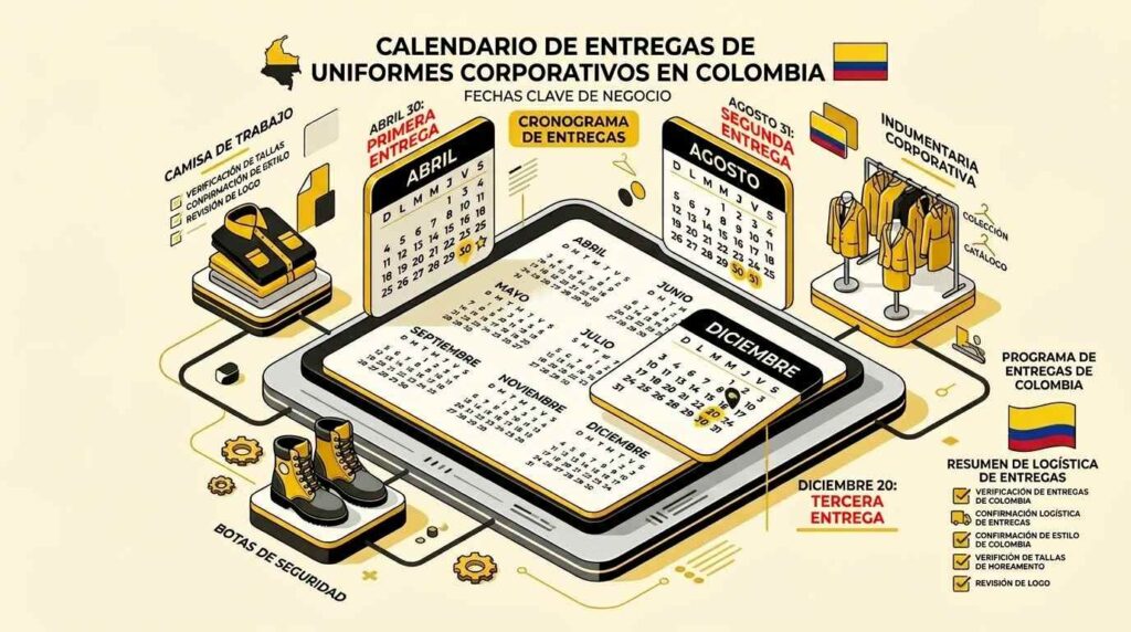 Infografía del calendario de entregas de dotación empresarial en Colombia con fechas límite de abril, agosto y diciembre