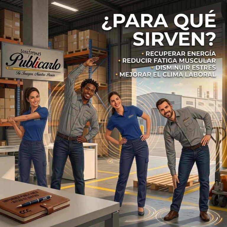 Infografía de Uniformes Publicarlo en Medellín mostrando cuatro empleados en un almacén haciendo pausas activas para recuperar energía y reducir fatiga muscular.