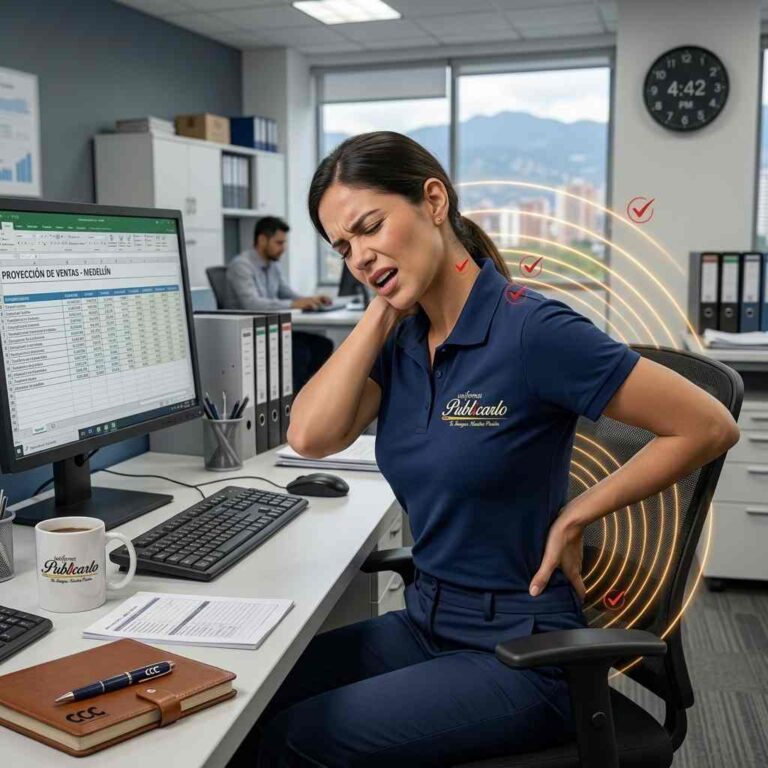 Empleada de Uniformes Publicarlo en Medellín en su escritorio sufriendo dolor de cuello y espalda por mala postura frente al computador.