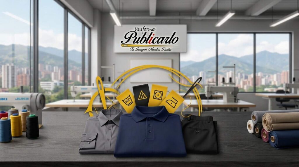 Banner de Uniformes Publicarlo en Medellín mostrando uniformes corporativos con etiquetas de cuidado y simbología de lavado.