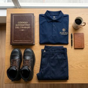 Uniforme de trabajo con calzado de dotación y libro del Código Sustantivo del Trabajo sobre un escritorio
